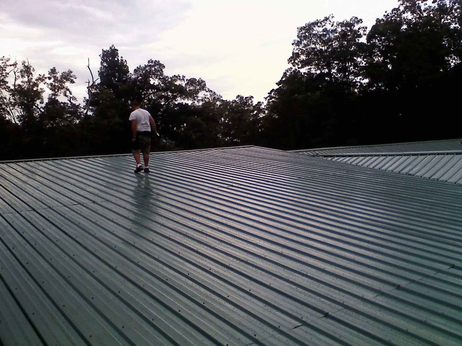 Roofer walking a wide expanse of new green metal roofing in Camby